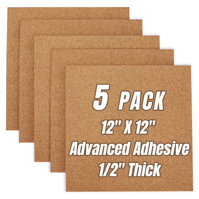 CRCHOM Cork Board Tiles 12"x12" - 1/2" Thick 5 Pack Cork Board Square Bulletin Boards Self Adhesive Corkboards for Walls Pin Boards Corkboards for Office Home School Decor - Image 1